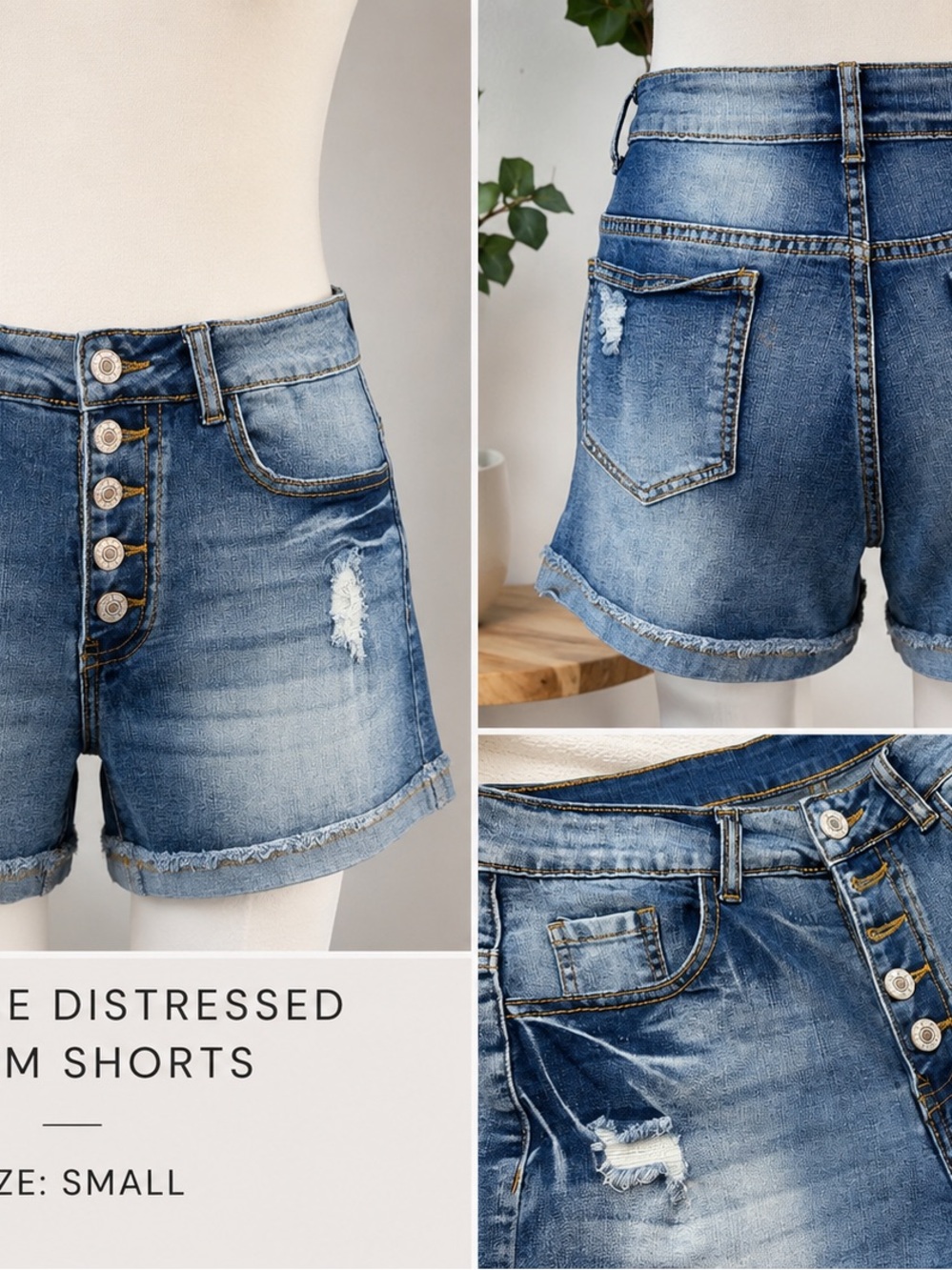 High-Rise Distressed Women’s Denim Shorts - Blue
